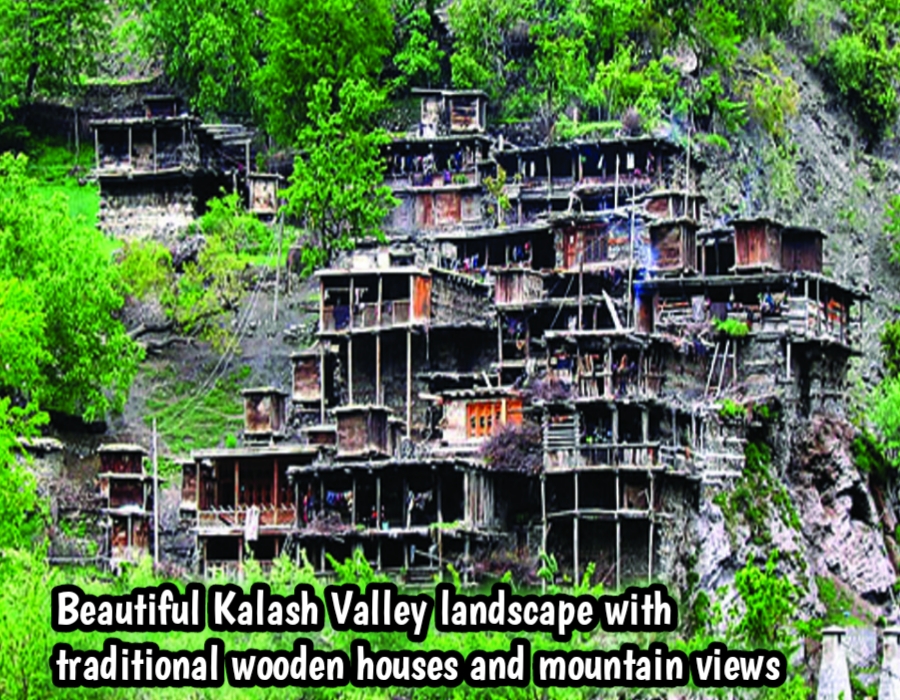 Beautiful Kalash Valley landscape with traditional wooden houses and mountain views