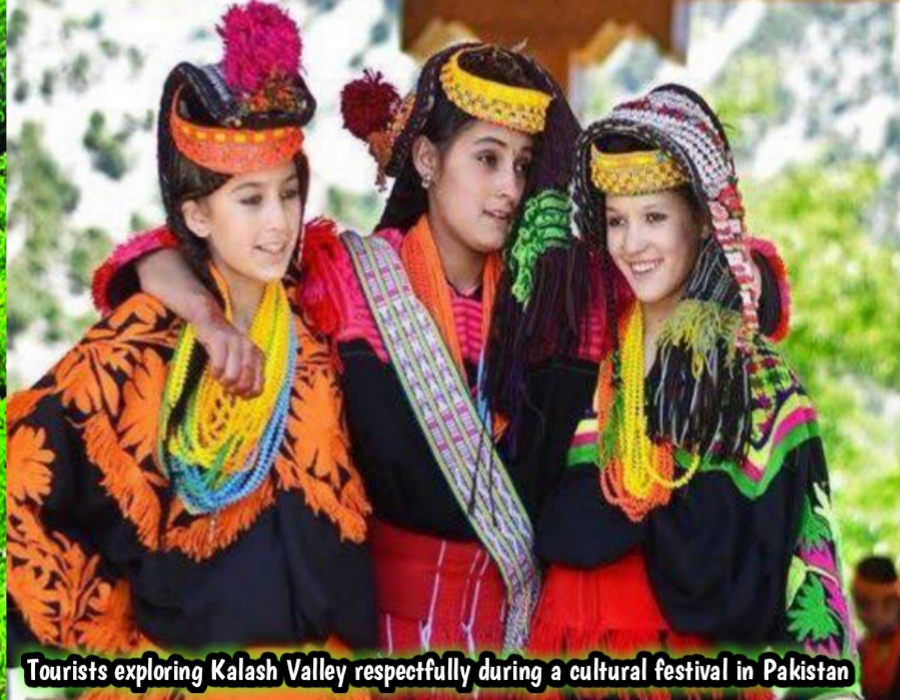 Tourists exploring Kalash Valley respectfully during a cultural festival in Pakistan