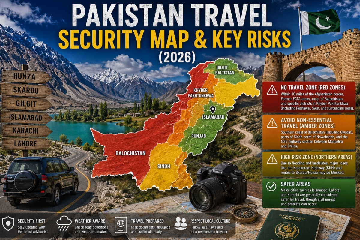 Pakistan Travel Security Map 2026 showing safe and high-risk travel zones with northern mountains and tourist routes