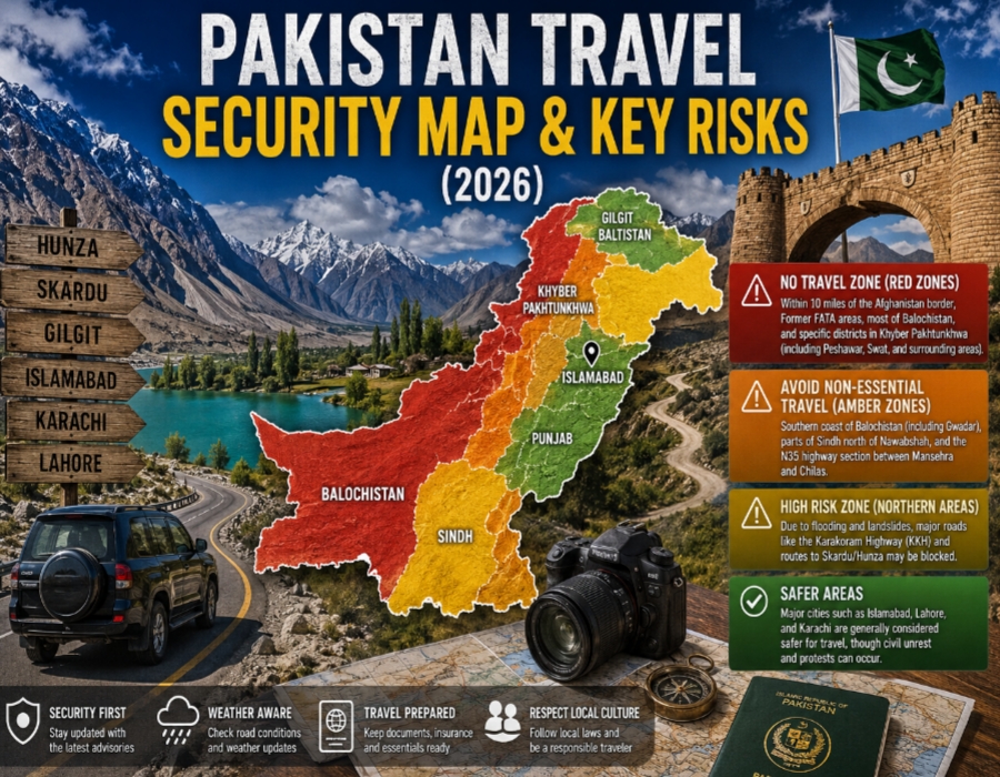 Pakistan Travel Security Map 2026 showing safe and high-risk travel zones with northern mountains and tourist routes