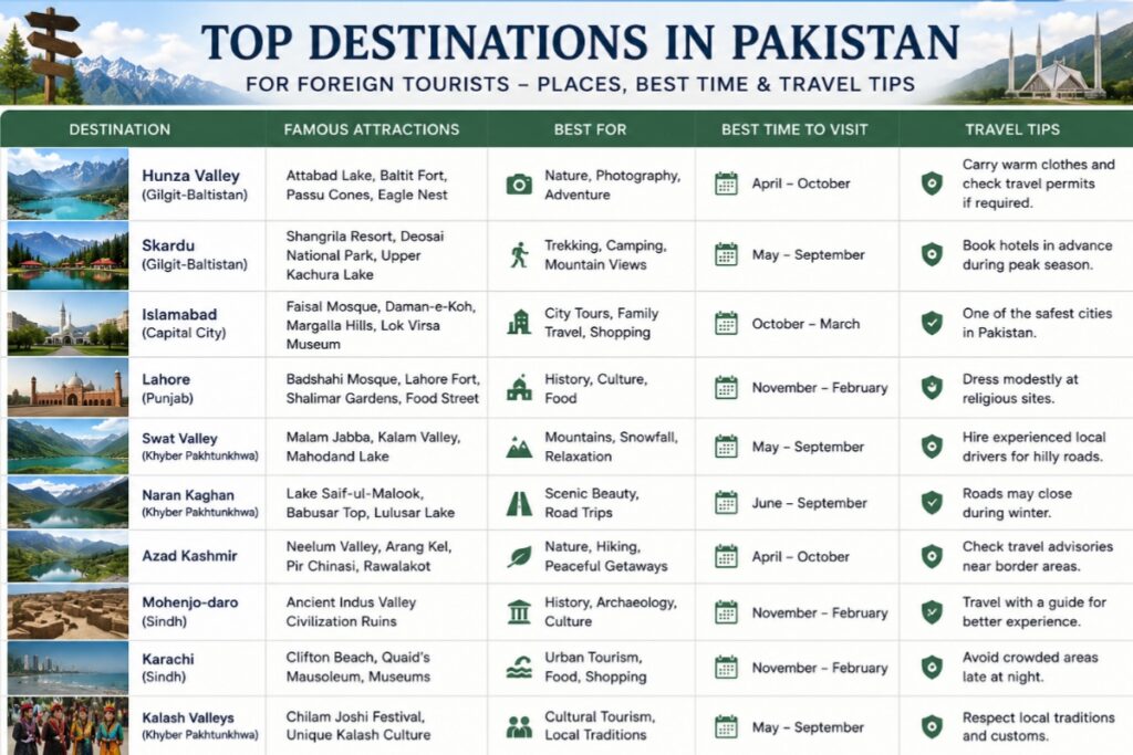 Top tourist destinations in Pakistan travel information table