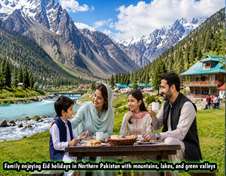 Family enjoying Eid holidays in Northern Pakistan with mountains, lakes, and green valleys in the background.