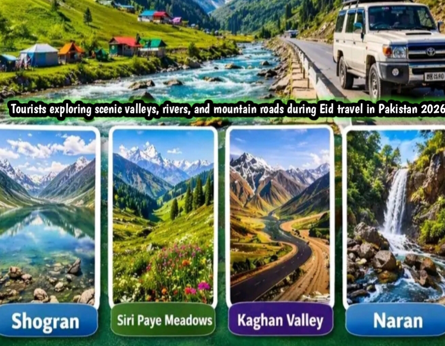 Tourists exploring scenic valleys, rivers, and mountain roads during Eid travel in Pakistan 2026.