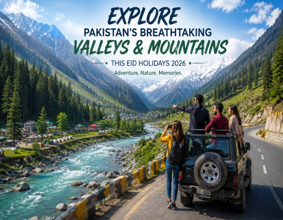 Tourists exploring scenic valleys, rivers, and mountain roads during Eid travel in Pakistan 2026.