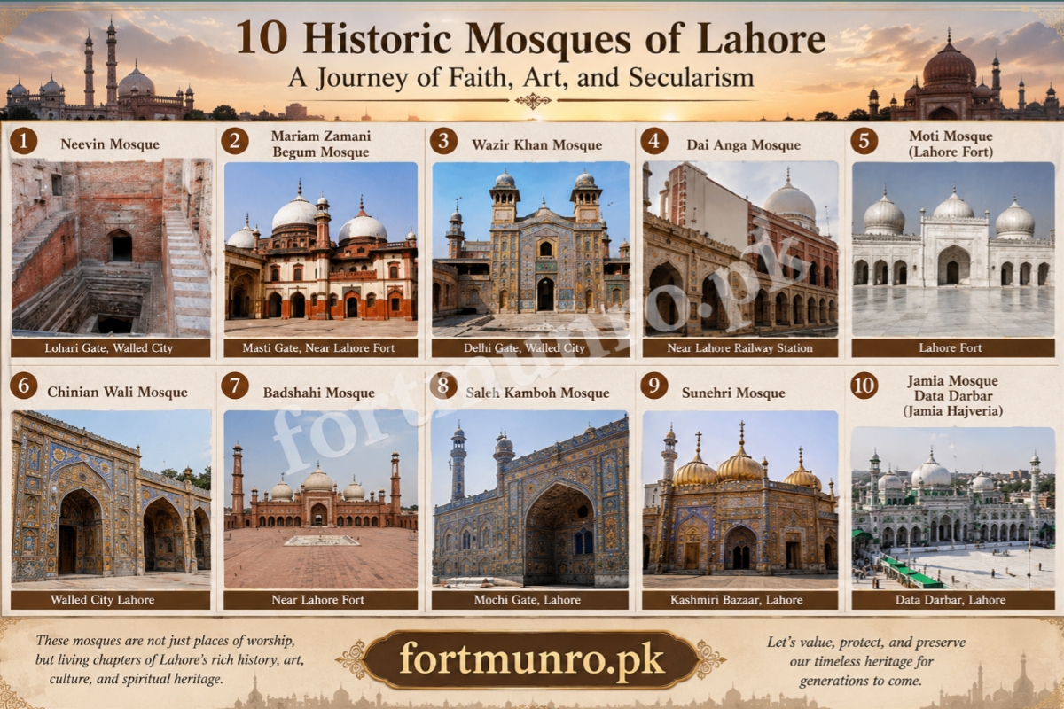 Historic mosques of Lahore featuring Badshahi Mosque, Wazir Khan Mosque, and other famous Islamic landmarks with Mughal architecture.