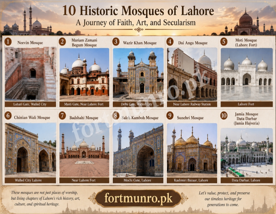 Historic mosques of Lahore featuring Badshahi Mosque, Wazir Khan Mosque, and other famous Islamic landmarks with Mughal architecture.