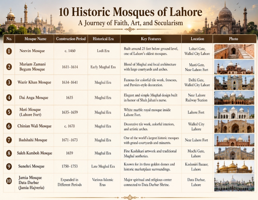 Table infographic of 10 historic mosques of Lahore with construction dates, historical eras, locations, and architectural highlights.