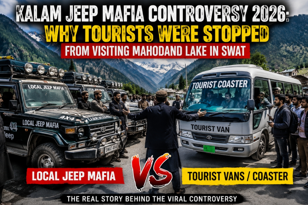 Kalam Jeep Mafia controversy 2026 showing local 4x4 jeeps blocking tourist coaster vans near Mahodand Lake road in Swat Valley.