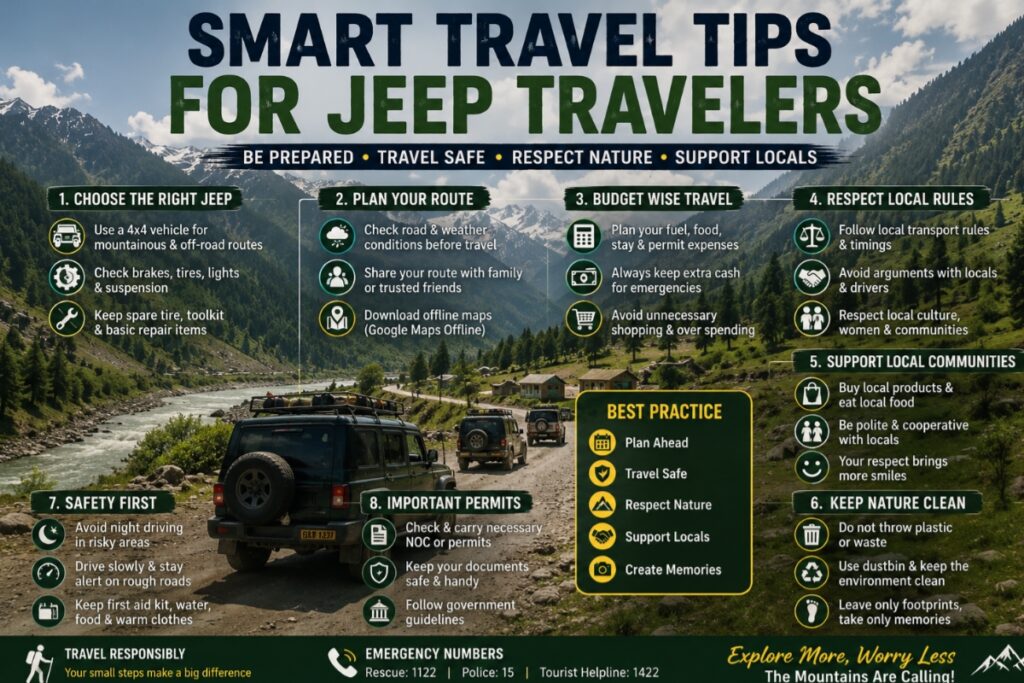 Smart travel tips infographic for jeep travelers exploring northern Pakistan with safety advice, route planning, budgeting, and responsible tourism guidance.