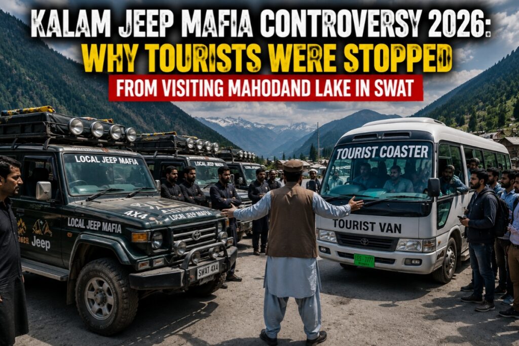 Tourists and local jeep drivers gathered on Mahodand Lake road during the viral Kalam tourism controversy in Pakistan.