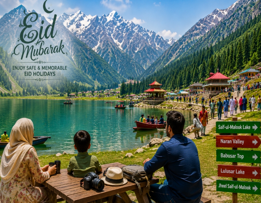 Tourists enjoying Eid holidays in northern Pakistan with mountains and lakes