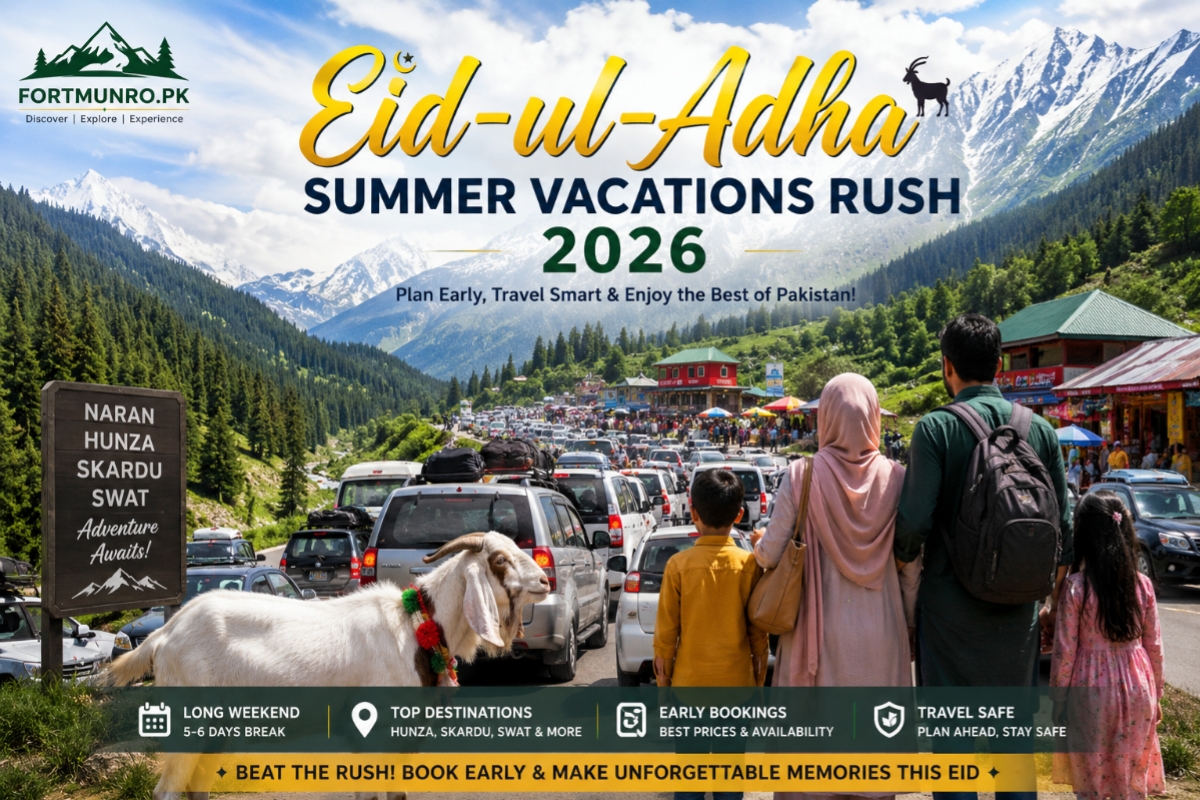 Eid-ul-Adha 2026 summer vacation travel rush in northern Pakistan with tourists and heavy traffic
