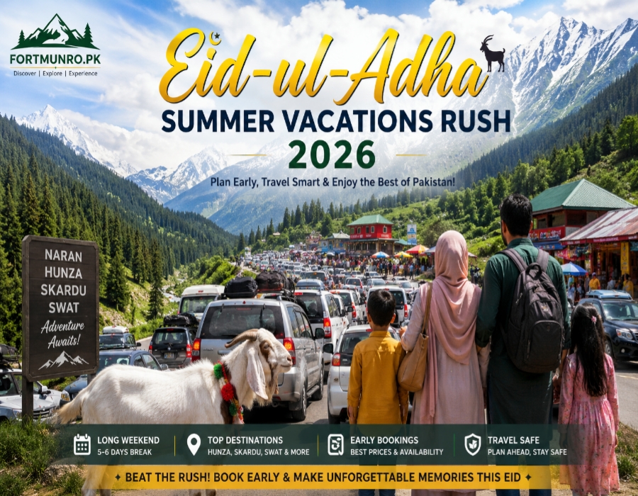 Eid-ul-Adha 2026 summer vacation travel rush in northern Pakistan with tourists and heavy traffic