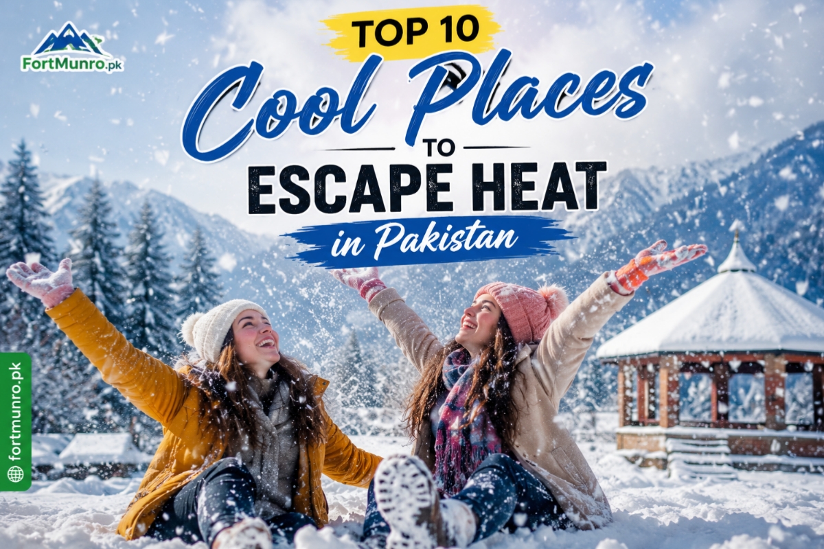 Scenic view collage of northern Pakistan cool places including mountains, valleys, lakes, and hill stations during summer season.