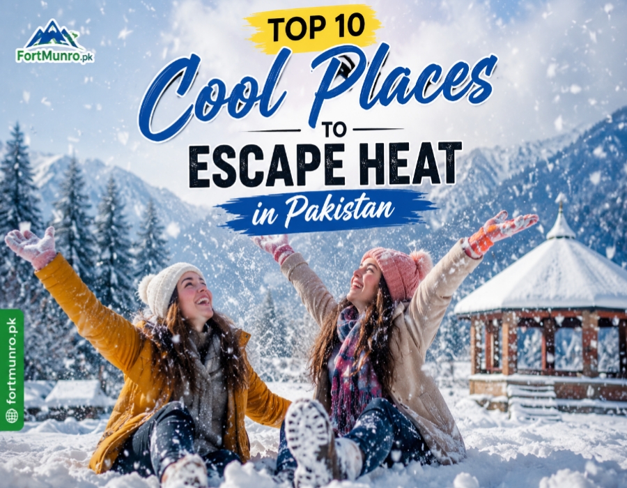 Scenic view collage of northern Pakistan cool places including mountains, valleys, lakes, and hill stations during summer season.