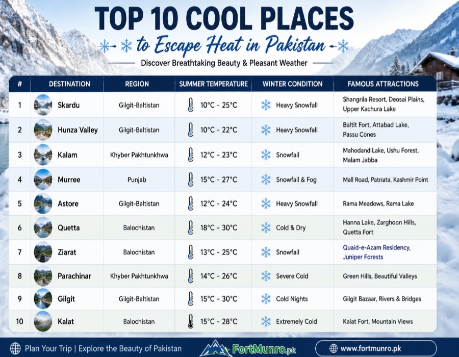 Informational table summarizing top cool tourist destinations in Pakistan with temperature and attractions.