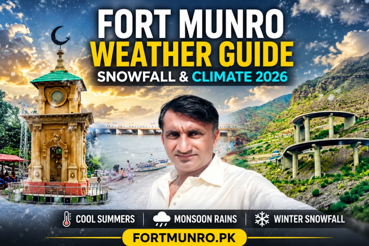 Fort Munro weather guide feature image with snowfall, mountains, cool climate, scenic roads, and Fortmunro.pk branding.