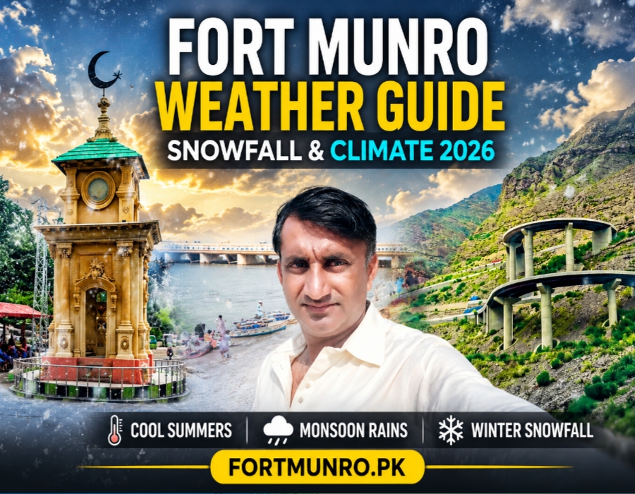 Fort Munro weather guide feature image with snowfall, mountains, cool climate, scenic roads, and Fortmunro.pk branding.