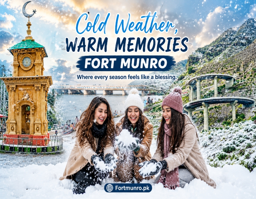 Girls enjoying snowfall in Fort Munro during winter season with snowy mountains and cold weather scenery.