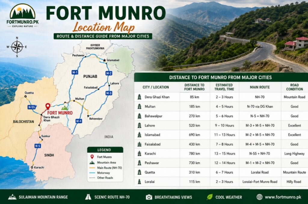 Fort Munro location map showing Punjab Balochistan border and NH-70 route