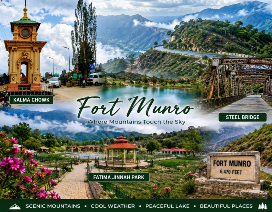 Beautiful Fort Munro scenery featuring Kalma Chowk, Steel Bridge, Fatima Jinnah Park, mountains, lake, clouds, and scenic roads in Punjab Pakistan