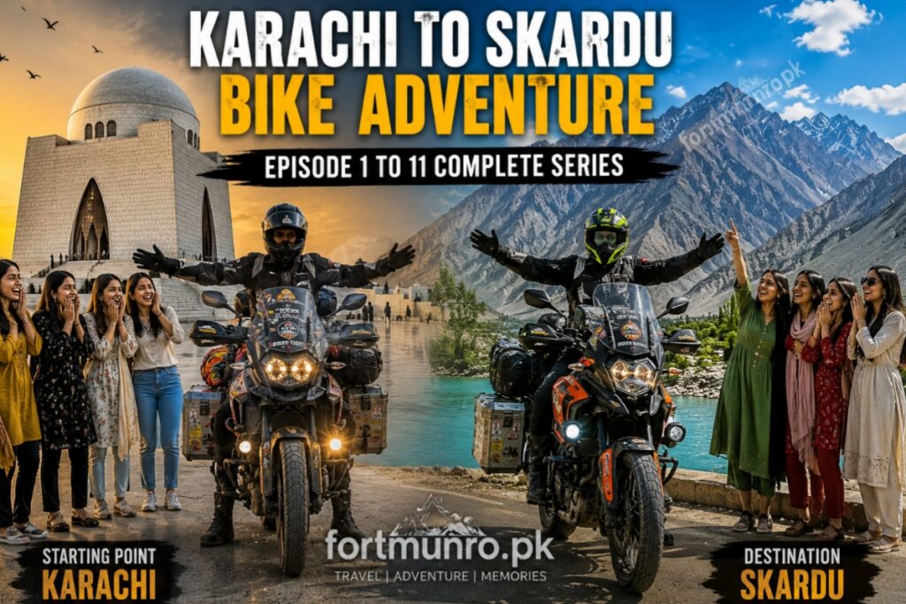 Motorcyclist preparing for Karachi to Skardu bike adventure with packed luggage and cargo booking scene in Karachi