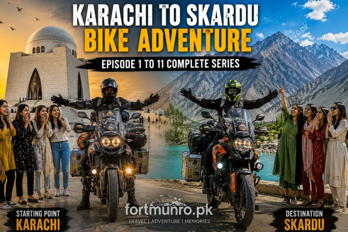 Motorcyclist preparing for Karachi to Skardu bike adventure with packed luggage and cargo booking scene in Karachi