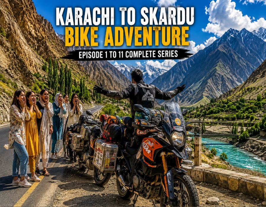Motorcyclist preparing for Karachi to Skardu bike adventure with packed luggage and cargo booking scene in Karachi