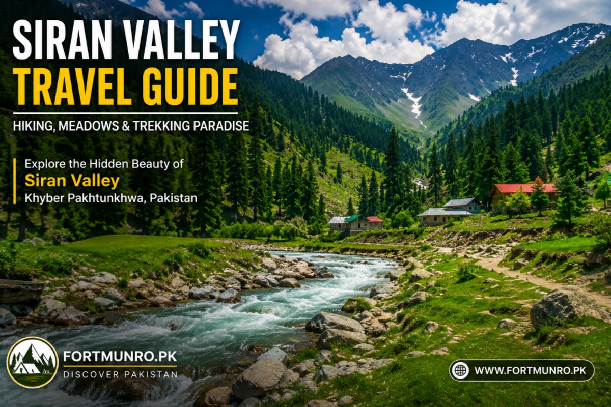 Beautiful Siran Valley Pakistan with green mountains, river, clouds and cool summer landscape