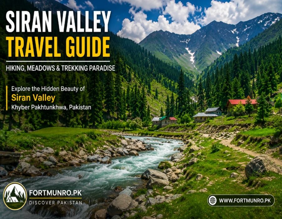 Beautiful Siran Valley Pakistan with green mountains, river, clouds and cool summer landscape