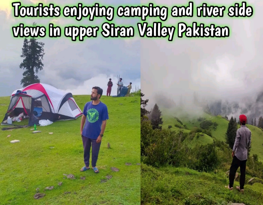 Tourists enjoying camping and river side views in upper Siran Valley Pakistan