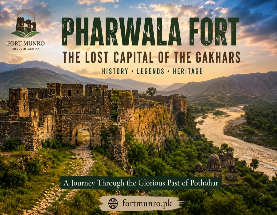 Beautiful aerial view of Pharwala Fort ruins near Islamabad surrounded by mountains, Swan River, clouds, and historic architecture