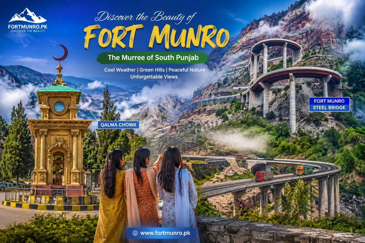 Beautiful aerial view of Fort Munro height with mountains clouds and green hills in Punjab Pakistan