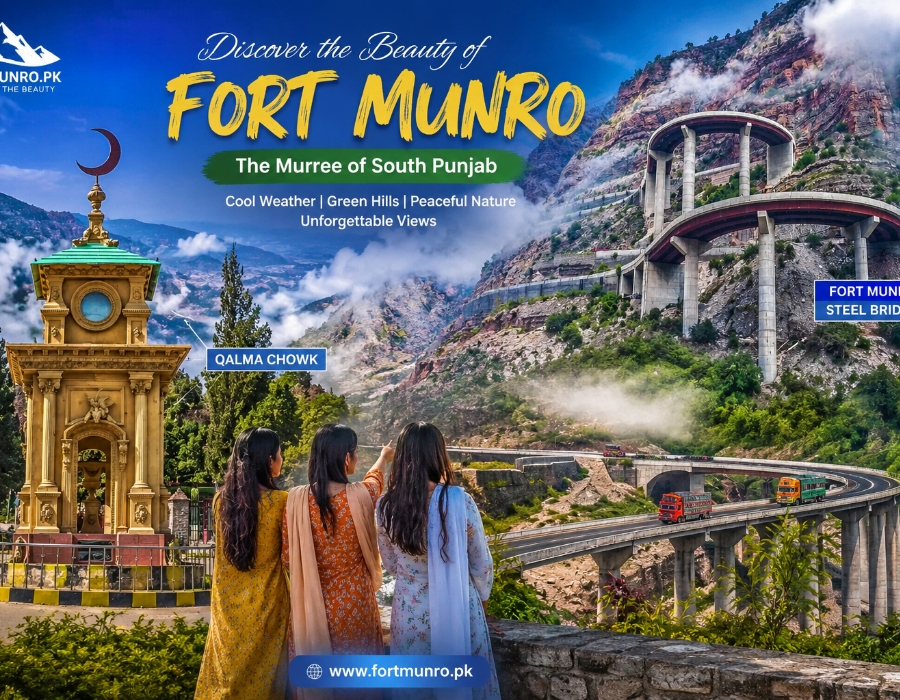 Beautiful aerial view of Fort Munro height with mountains clouds and green hills in Punjab Pakistan