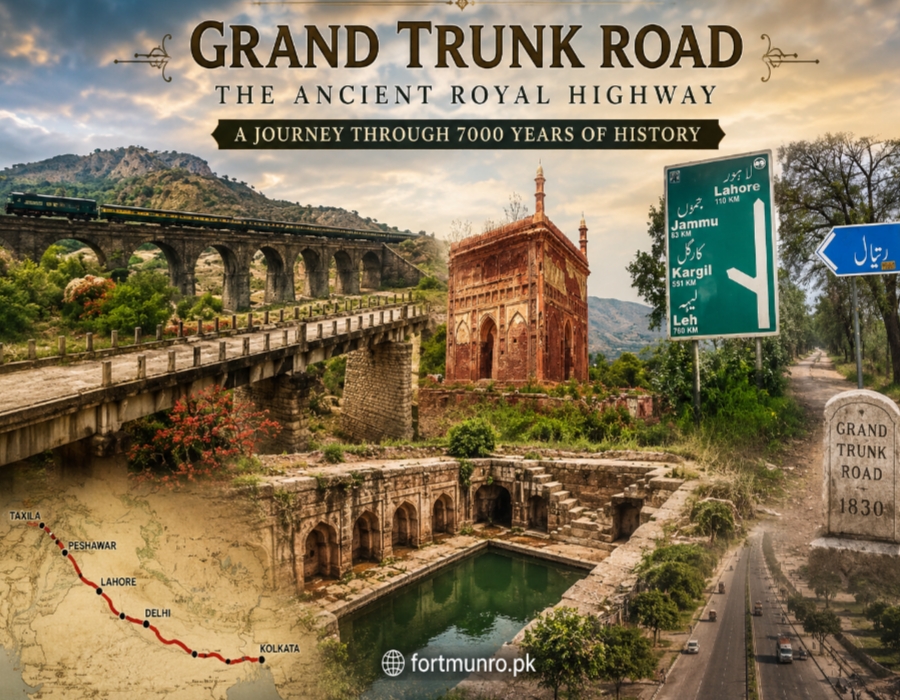 A cinematic historical-style image showing the ancient Grand Trunk Road with old stone bridges, Mughal architecture, travelers, trees, clouds, and scenic landscapes representing centuries of history and culture across South Asia.
