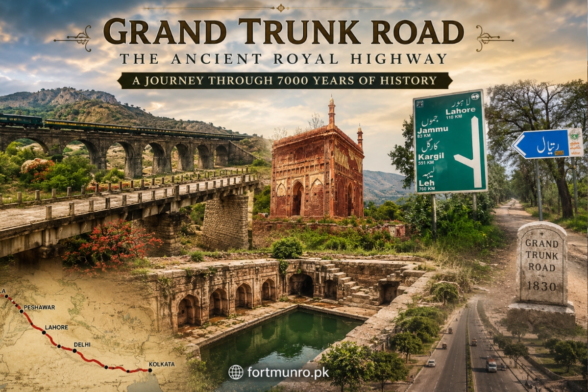 Ancient Grand Trunk Road with historic bridge, green fields, travelers, and Mughal-era architecture in Pakistan