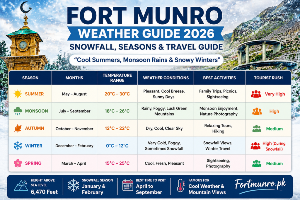 Fort Munro weather table image showing seasons, temperature, snowfall, rainfall, and climate information.