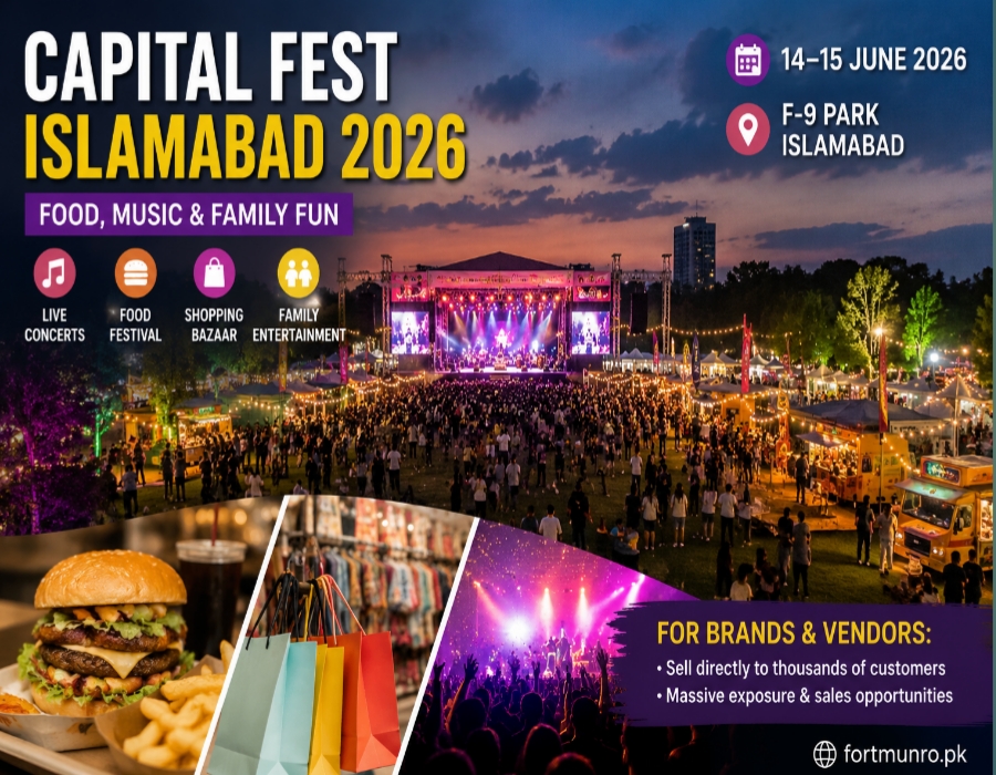 Capital Fest Islamabad 2026 at F-9 Park featuring live concerts, food stalls, shopping bazaar, colorful lights, and family entertainment.