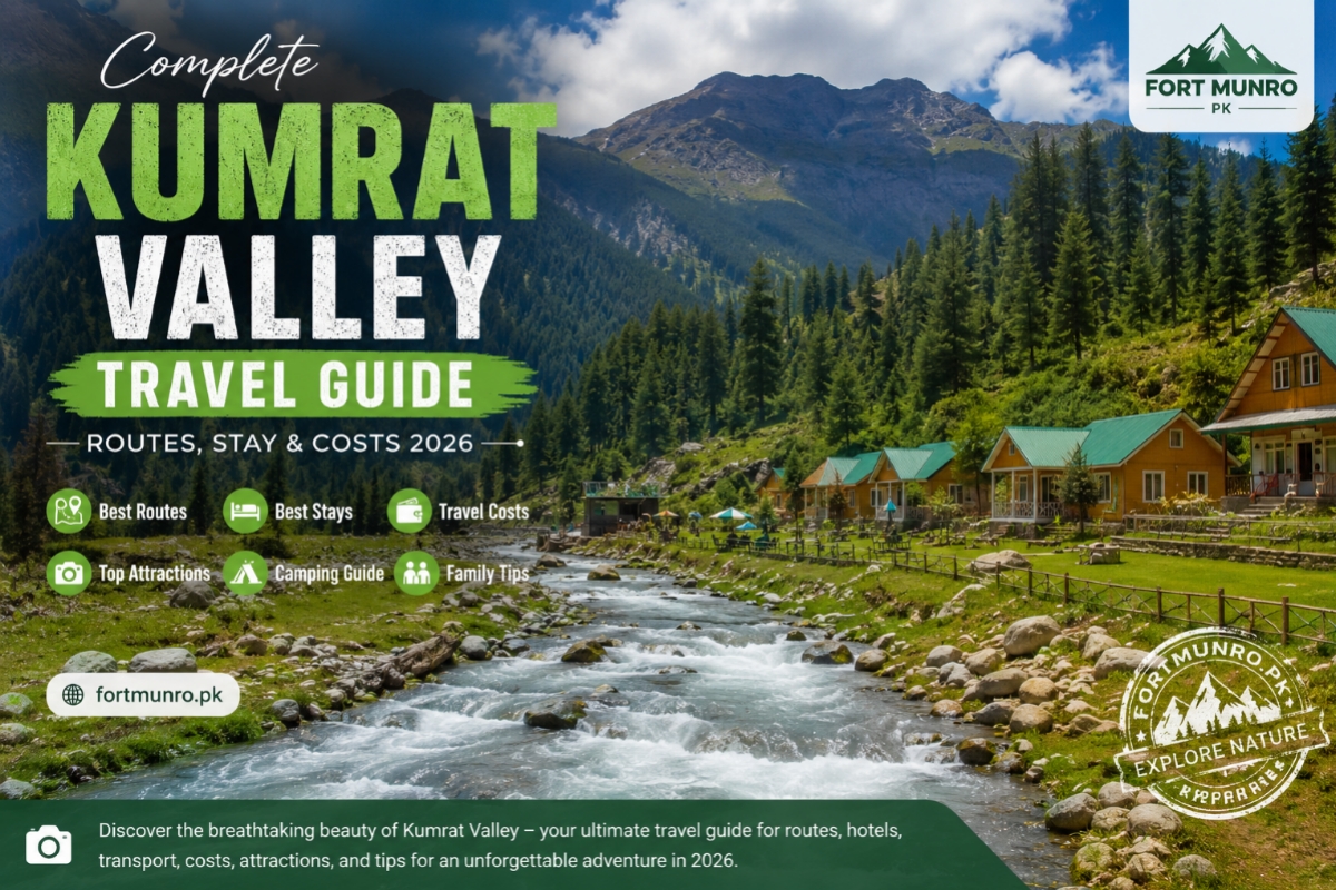 Kumrat Valley scenic landscape with pine forests, river, and mountains in Khyber Pakhtunkhwa