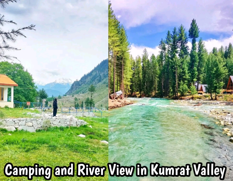 Camping site beside the river in Kumrat Valley with mountain views