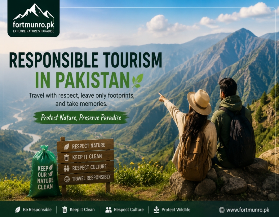 Responsible tourists enjoying clean mountain scenery in Pakistan
