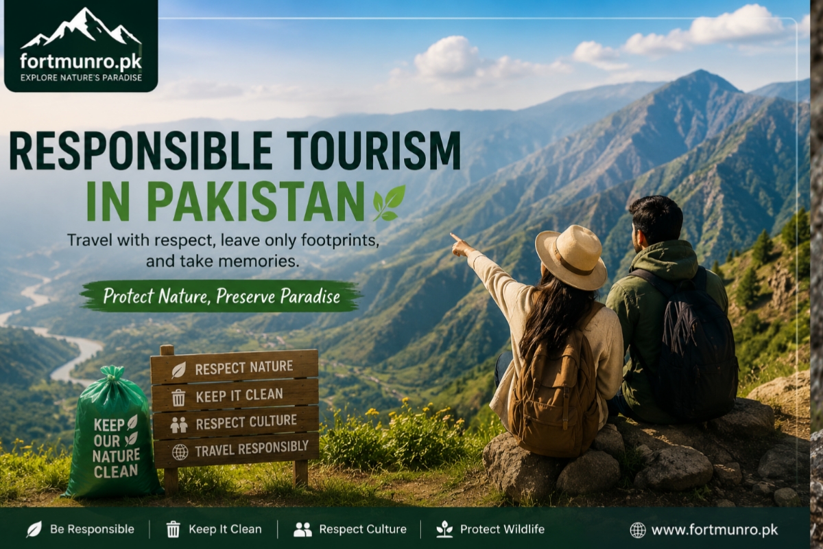 Responsible tourists enjoying clean mountain scenery in Pakistan