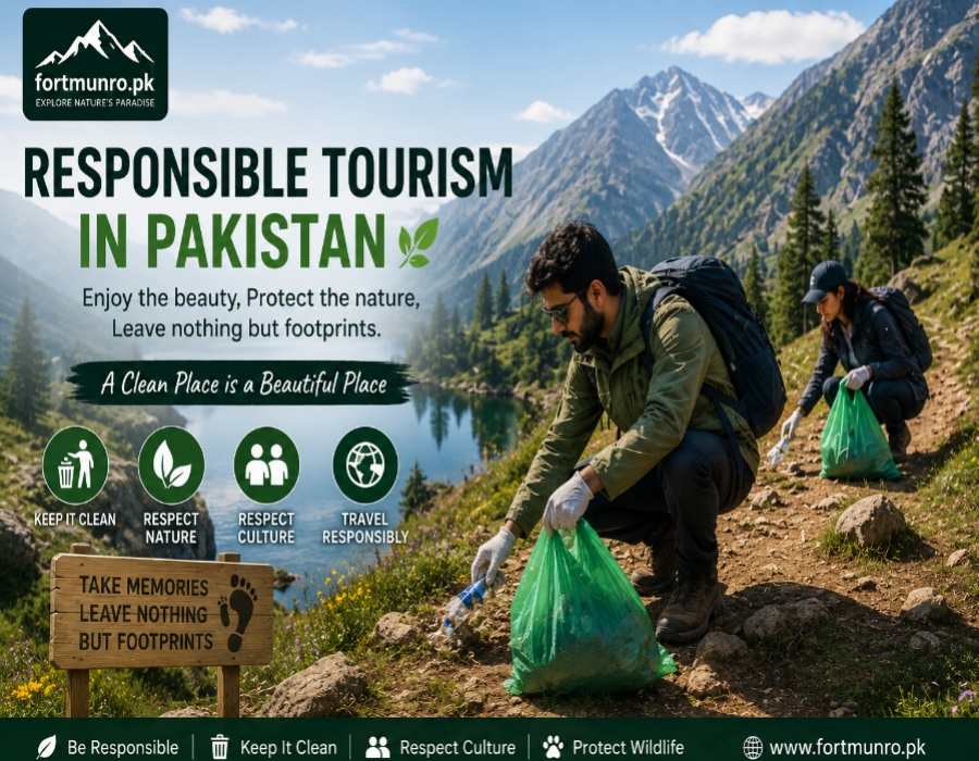 Tourists collecting waste in a beautiful valley in Pakistan