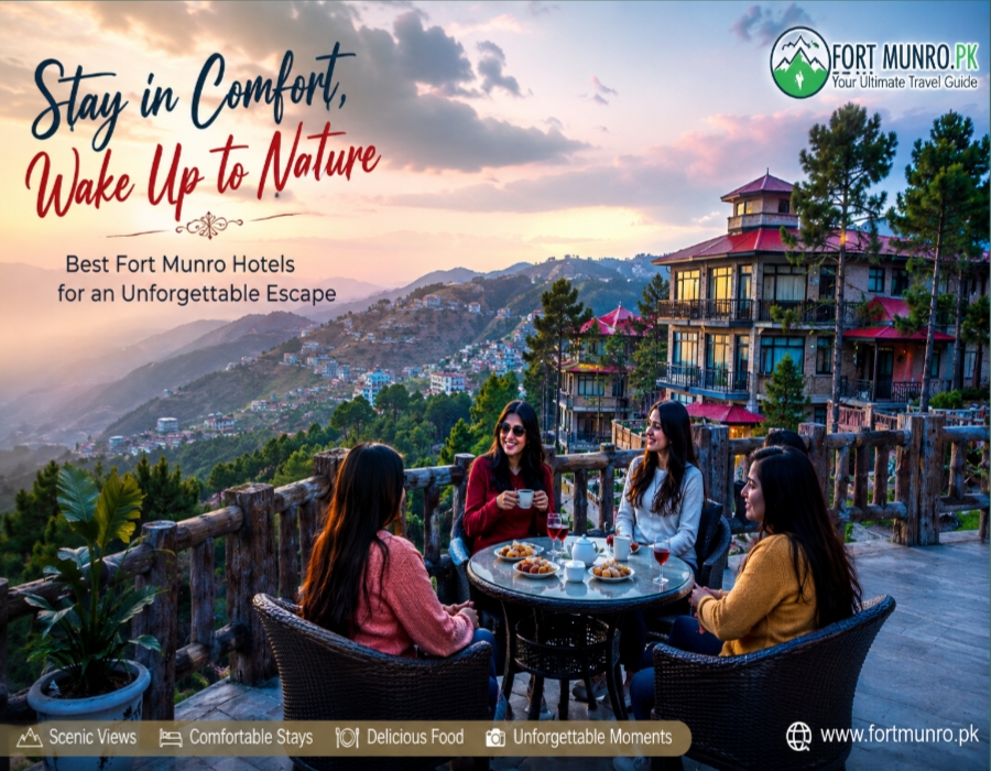 Scenic view of Fort Munro hotels surrounded by mountains and pine trees
