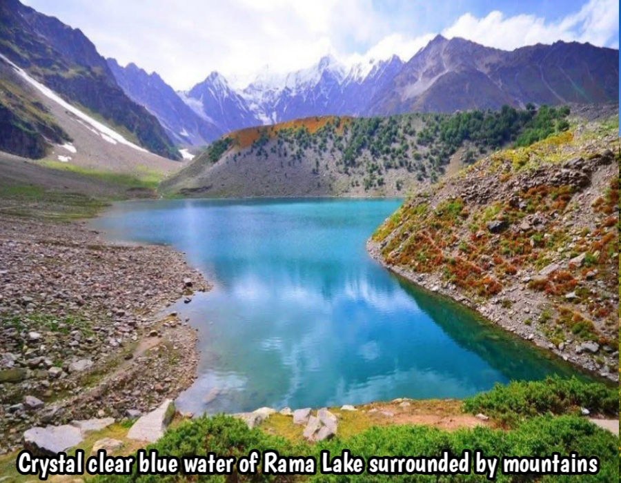 Crystal clear blue water of Rama Lake surrounded by mountains