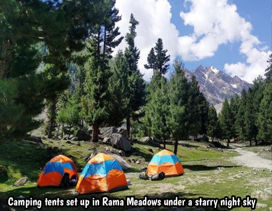 Camping tents set up in Rama Meadows under a starry night sky