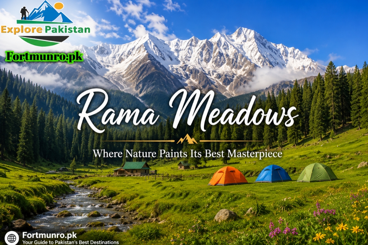 Scenic view of Rama Meadows with green fields and snow-covered mountains in northern Pakistan