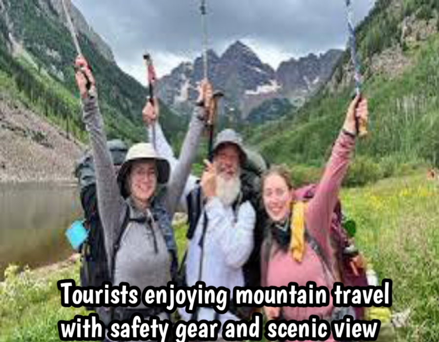 Tourists enjoying mountain travel with safety gear and scenic view