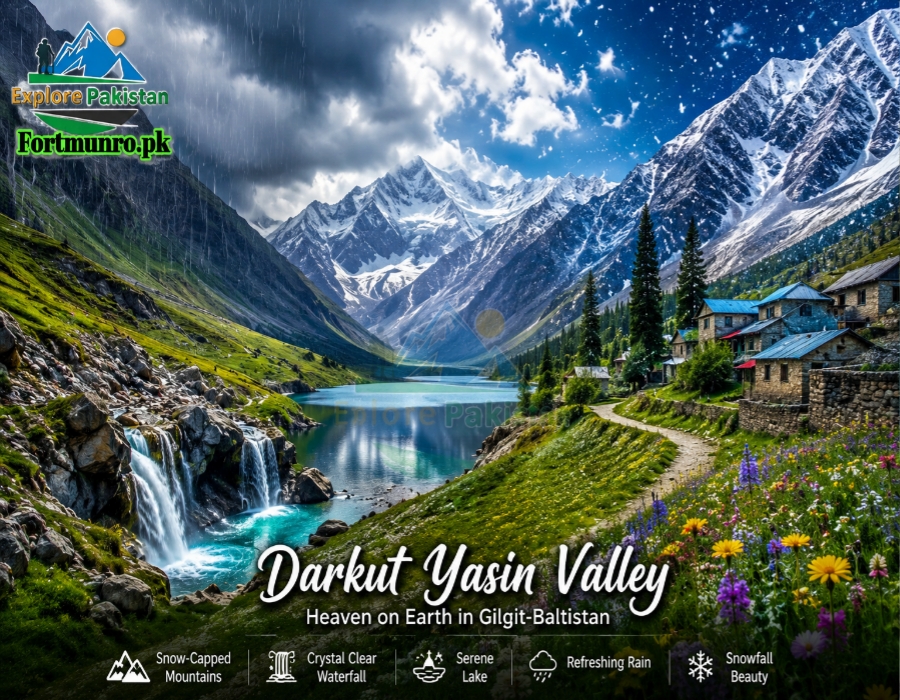 Scenic view of Darkut Yasin Valley with snow-covered mountains and green meadows