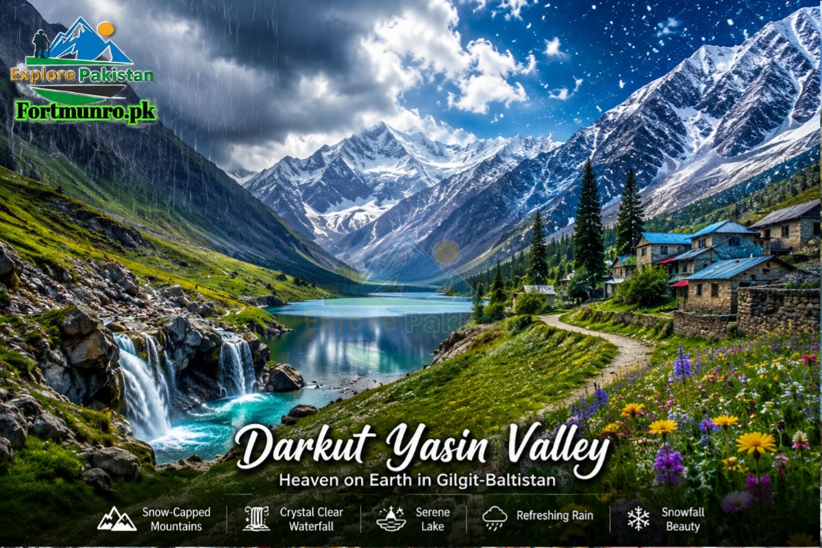 Scenic view of Darkut Yasin Valley with snow-covered mountains and green meadows